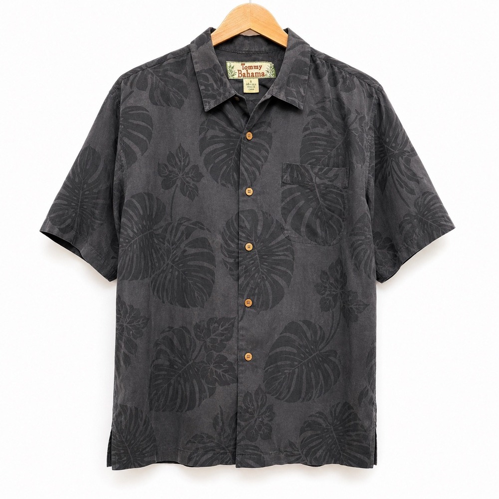 Tommy Bahama Vintage Silk Shirt Mens Small Charcoal Grey Floral Herringbone Camp